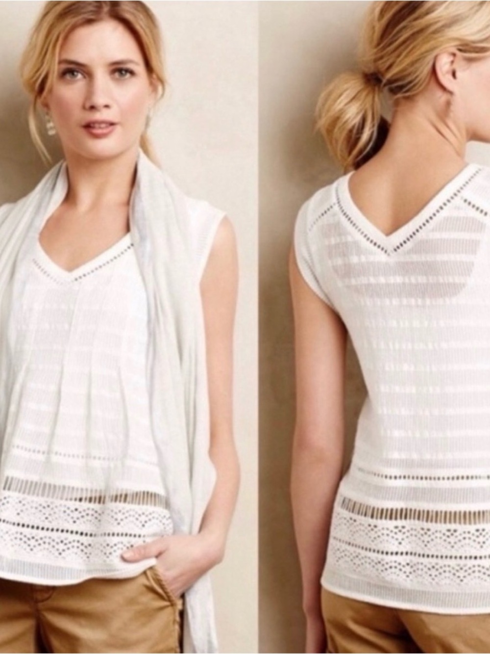 Maeve White V-Neck Knit Sleeveless Tank